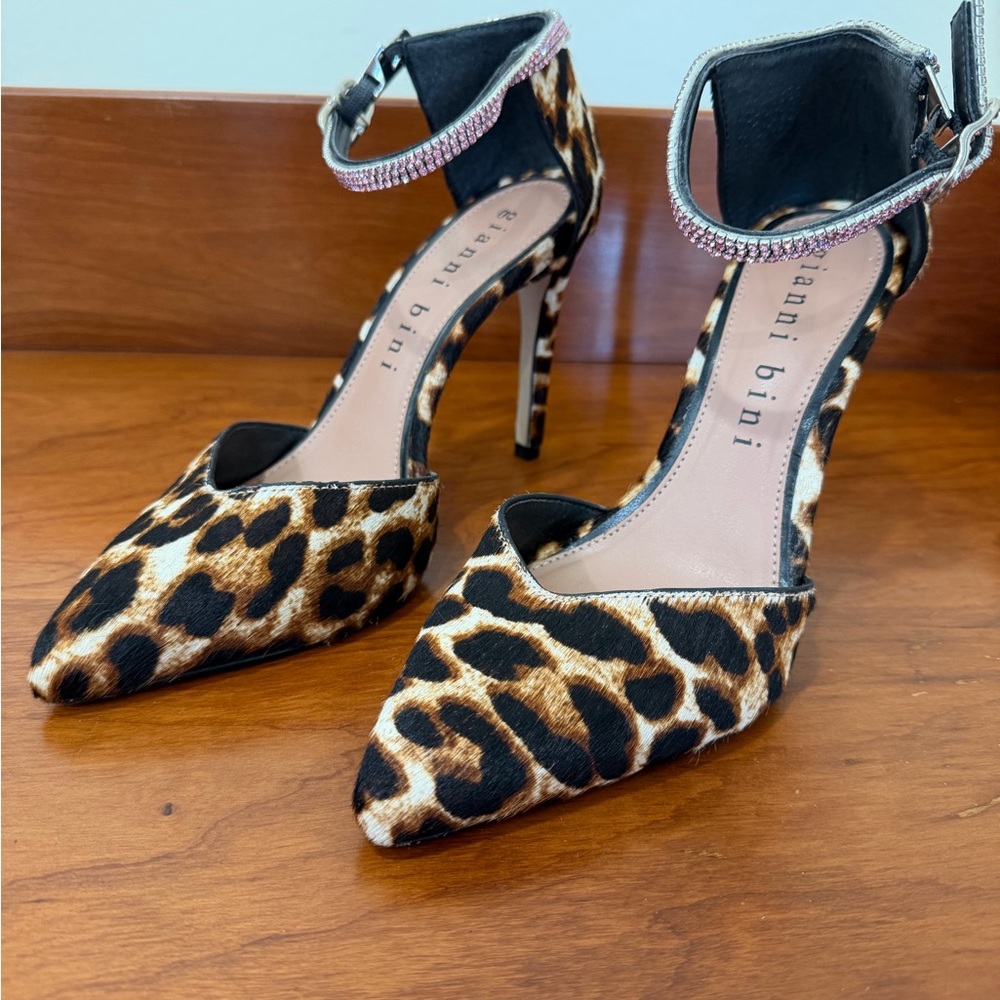 Gianni Bini Animal Print Heels with Rhinestone Pink Ankle Strap
